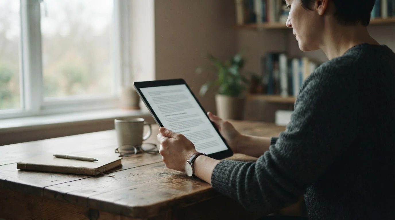 Person liest Regulierungstext auf einem Tablet