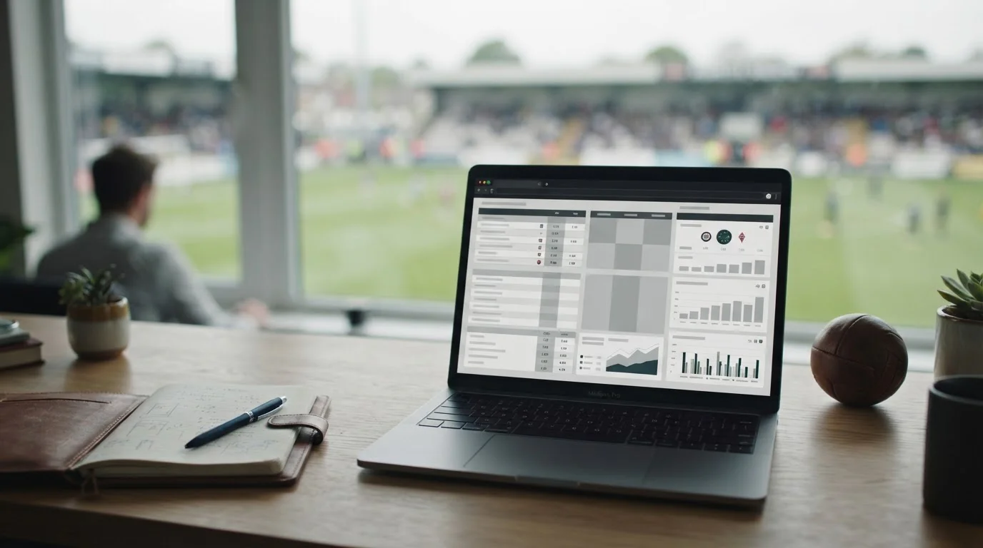 Laptop mit Wettvergleich für La Liga auf einem Schreibtisch mit Fußball im Hintergrund
