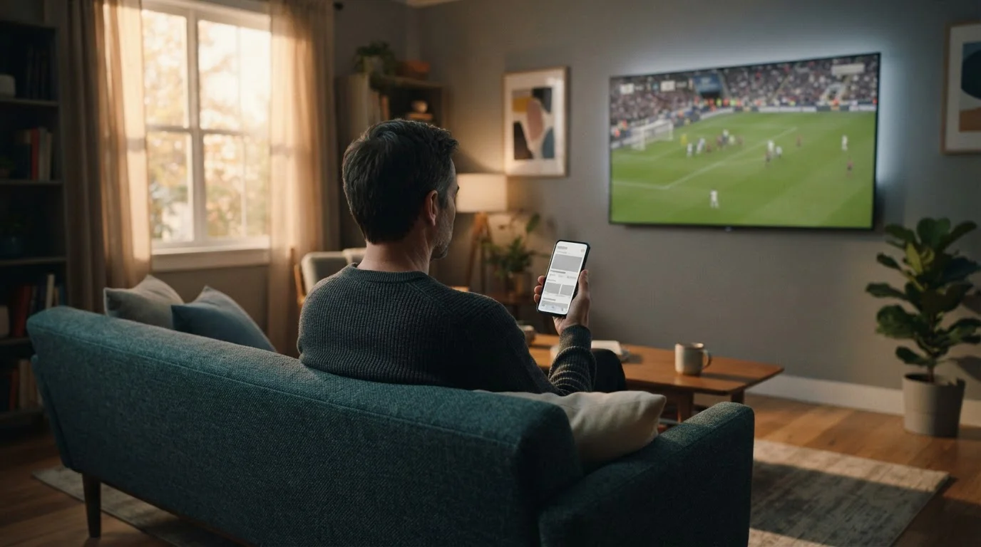 Person nutzt Smartphone für Live-Wetten während Sportübertragung