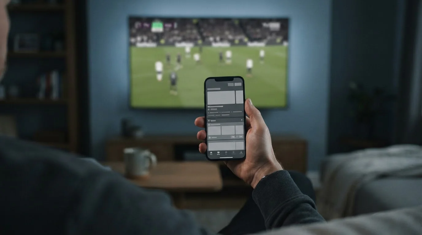 Smartphone mit Live-Wetten-Interface während eines Fußballspiels