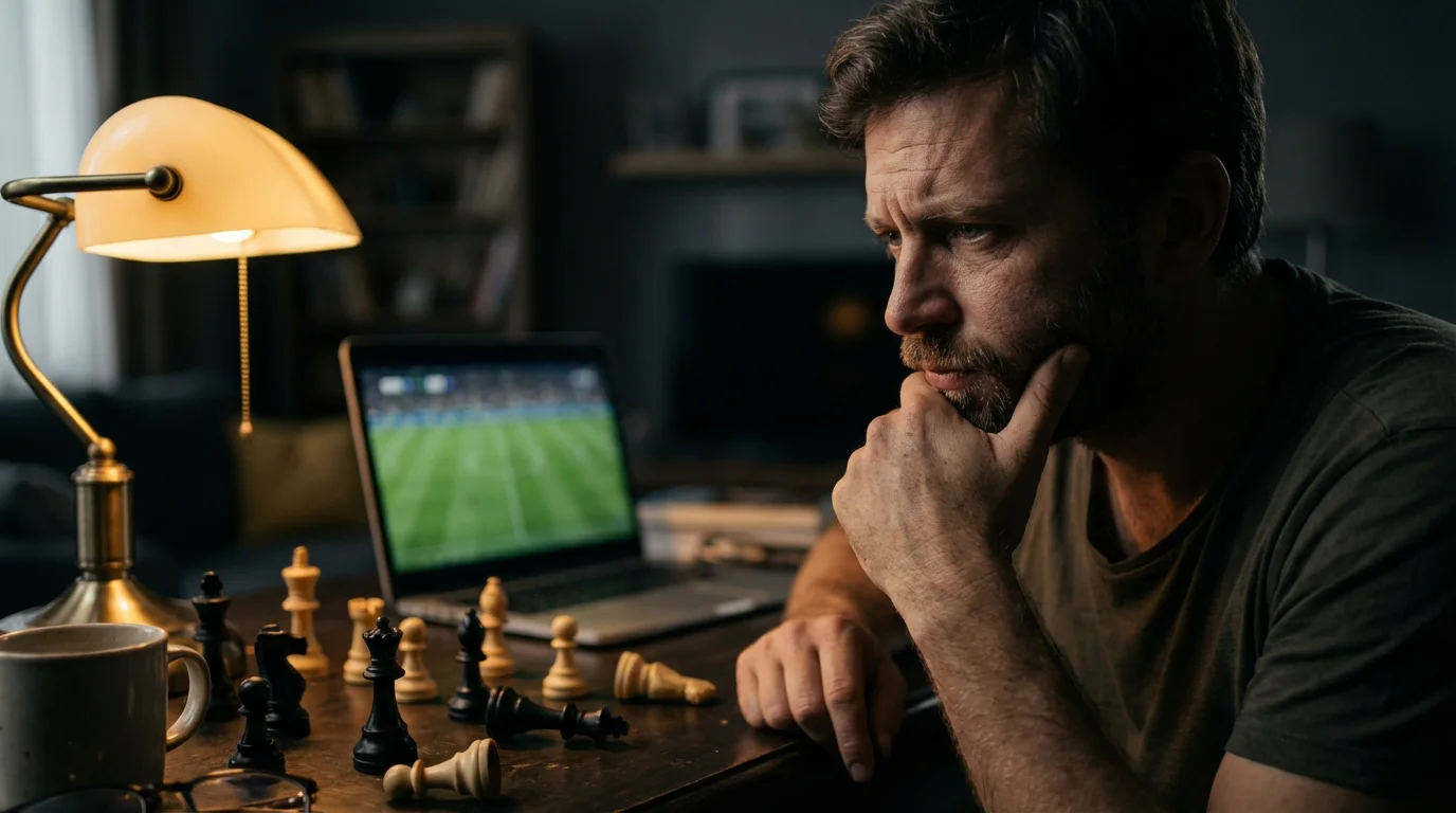 Ein nachdenklicher Mann sitzt vor einem Laptop mit einem Bundesliga-Spiel, während Schachfiguren symbolisch um ihn herum angeordnet sind - Darstellung psychologischer Fallen beim Wetten