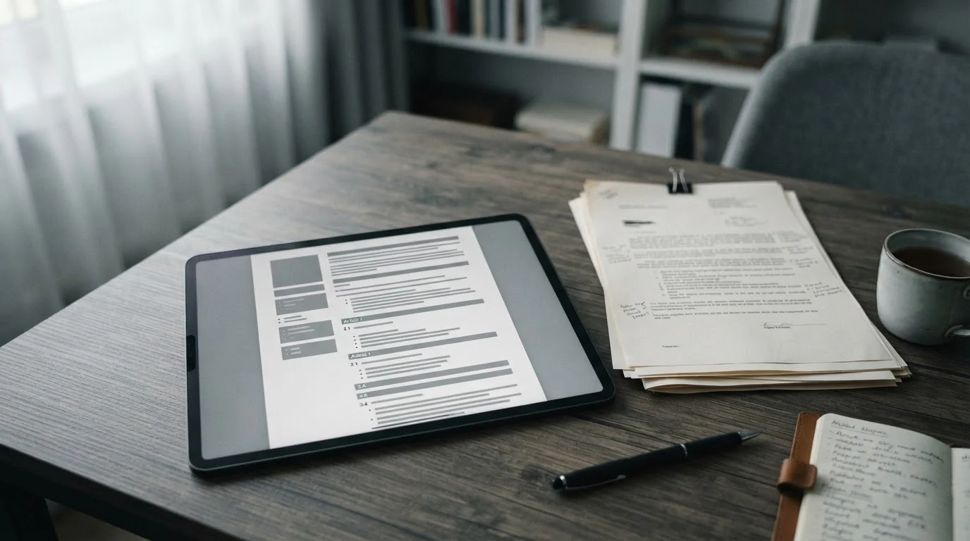Offizielle Dokumente und Tablet mit Gesetzestexten auf Schreibtisch