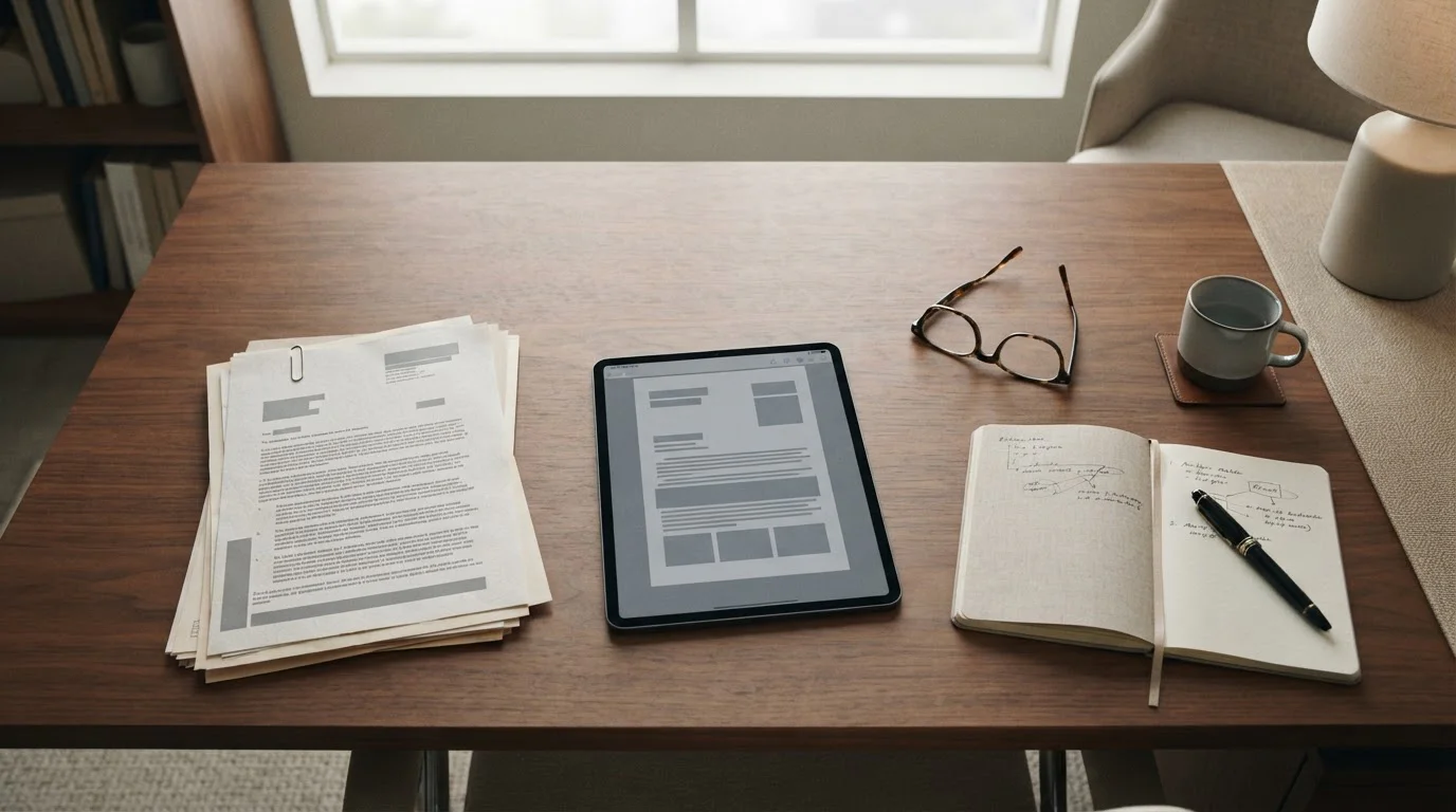 Offizielle Dokumente und Tablet mit Gesetzestexten auf Schreibtisch