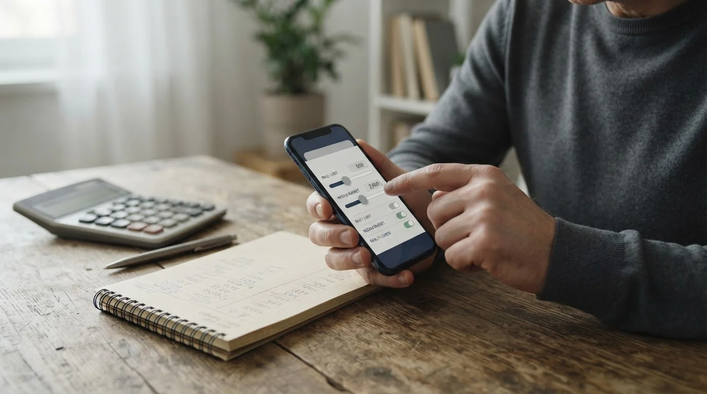 Person setzt Budget-Limits auf Smartphone mit Taschenrechner daneben