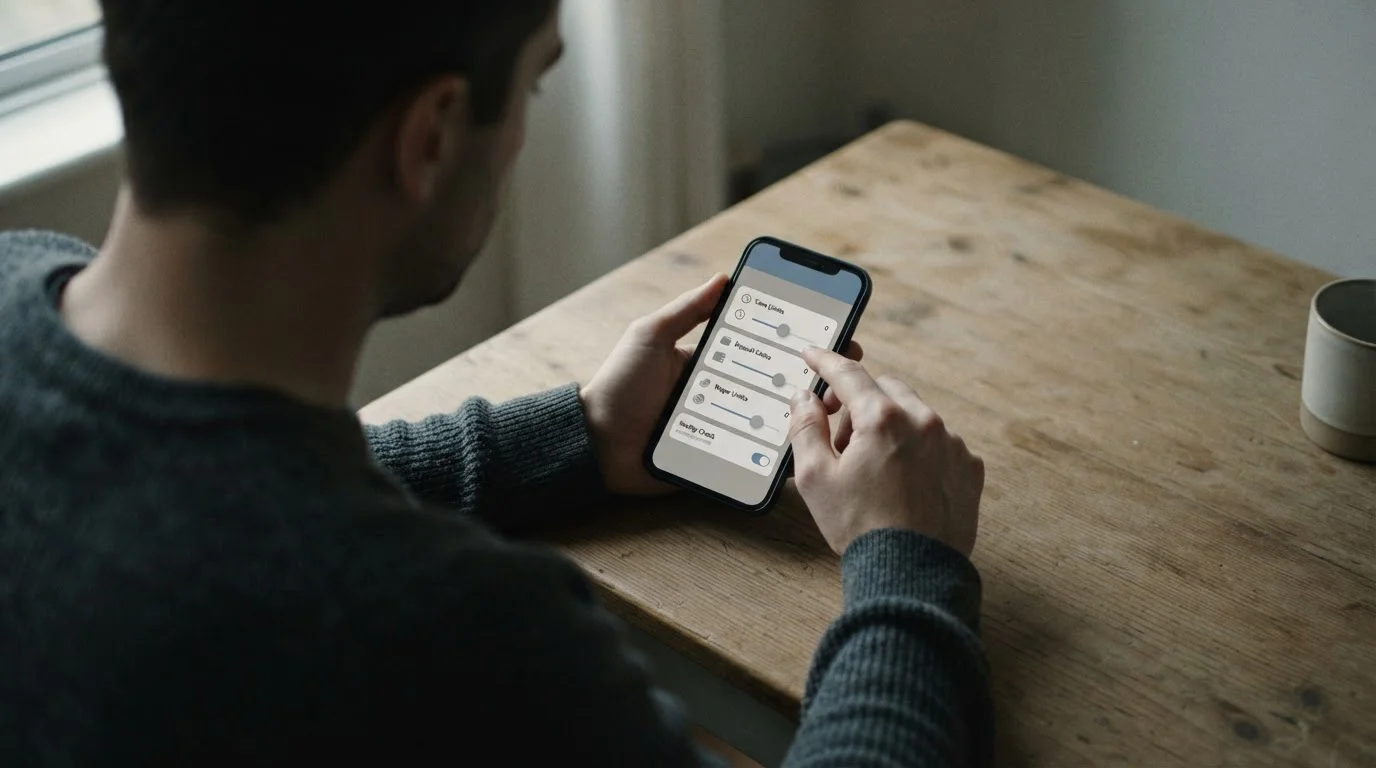 Hände setzen ein Limit auf einem Smartphone in ruhiger, konzentrierter Atmosphäre
