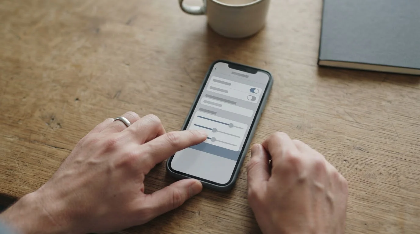Person stellt Limit in neutraler App-Oberfläche ein — Symbol für verantwortungsvollen Umgang