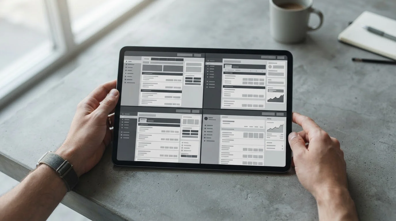 Tablet-Bildschirm mit nebeneinander angeordneten abstrakten Plattform-Interfaces im Vergleich