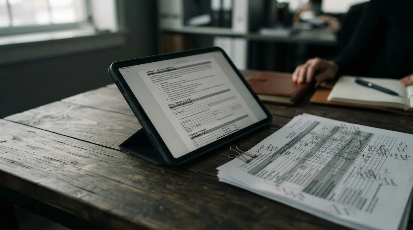 Ernste Szene mit Tablet und Dokumenten zu Regulierung und Spielerschutz