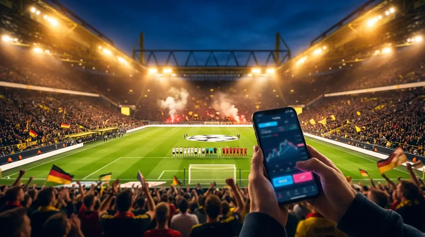 Fußballstadion-Atmosphäre mit Bundesliga-Spielfeld und symbolischer Darstellung einer Wettbörse mit Peer-to-Peer-Konzept