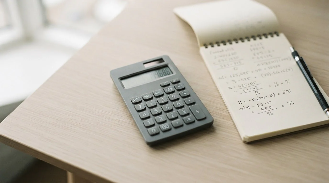 Taschenrechner und Notizen mit abstrakten Zahlenreihen auf einem Schreibtisch