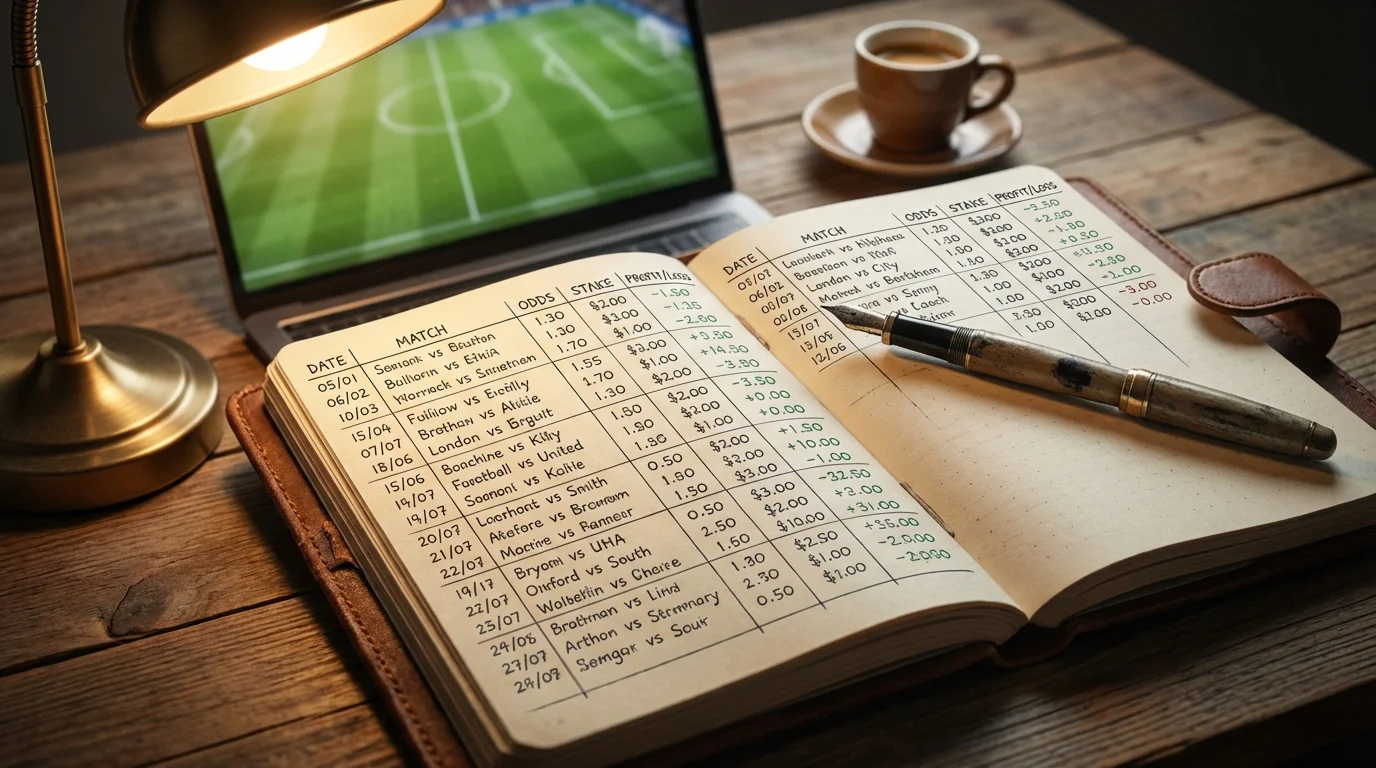 Aufgeschlagenes Notizbuch mit handschriftlichen Wettnotizen neben einem Laptop auf einem Holzschreibtisch - Wetttagebuch für Bundesliga Wetten
