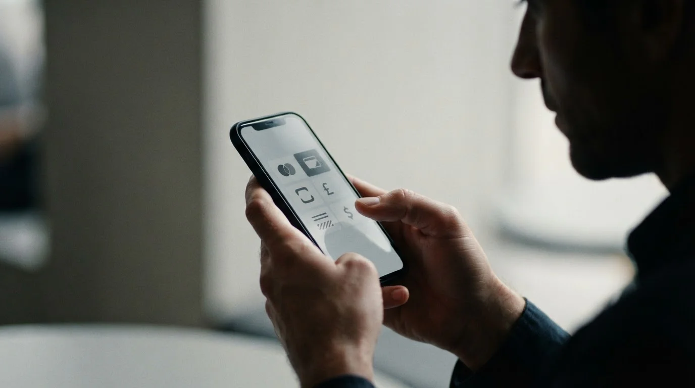 Person wählt Zahlungsmethode auf Smartphone aus, Hände im Fokus ohne erkennbares Gesicht