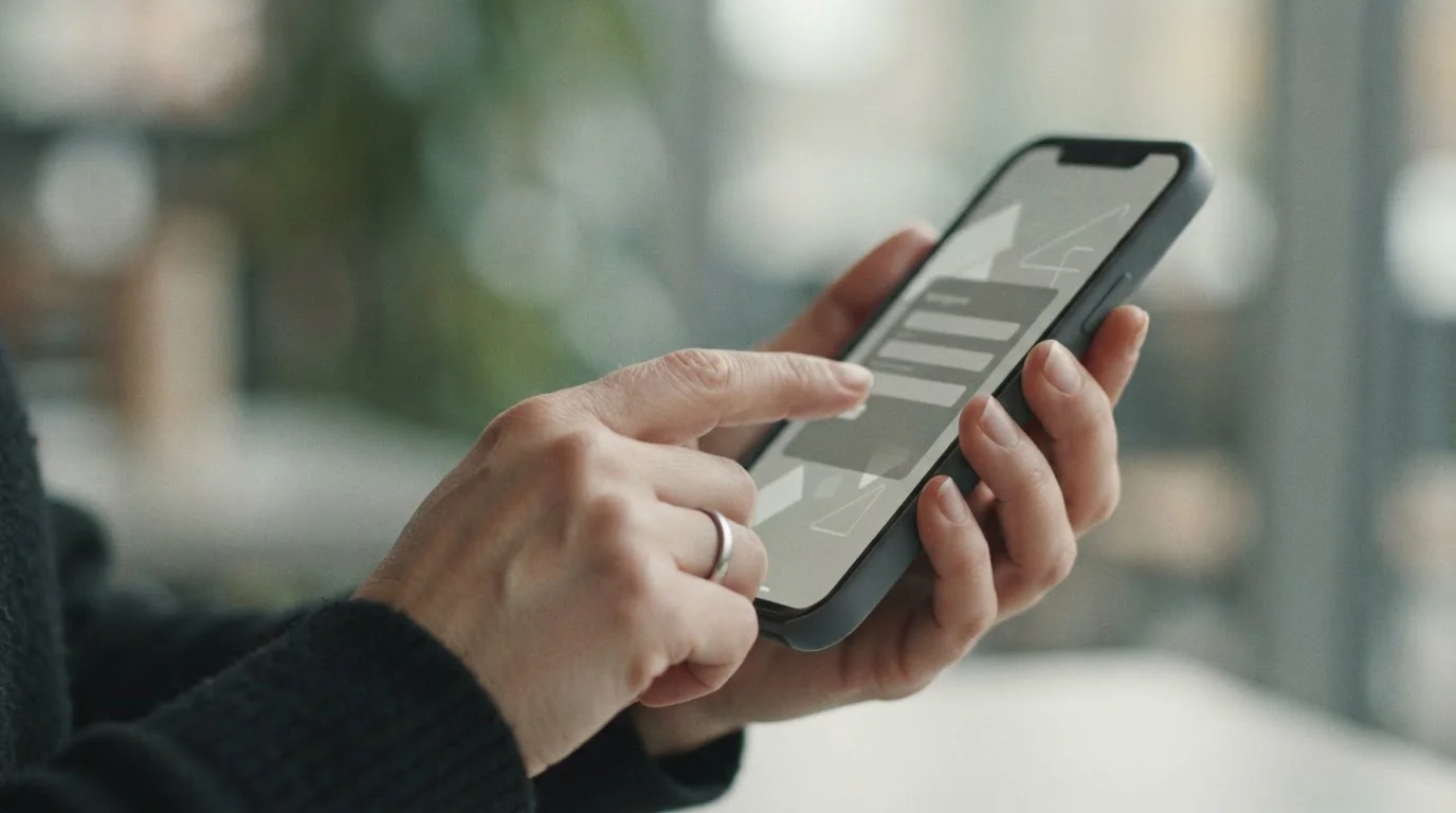 Hände halten Smartphone während eines digitalen Zahlungsvorgangs mit neutraler Oberfläche